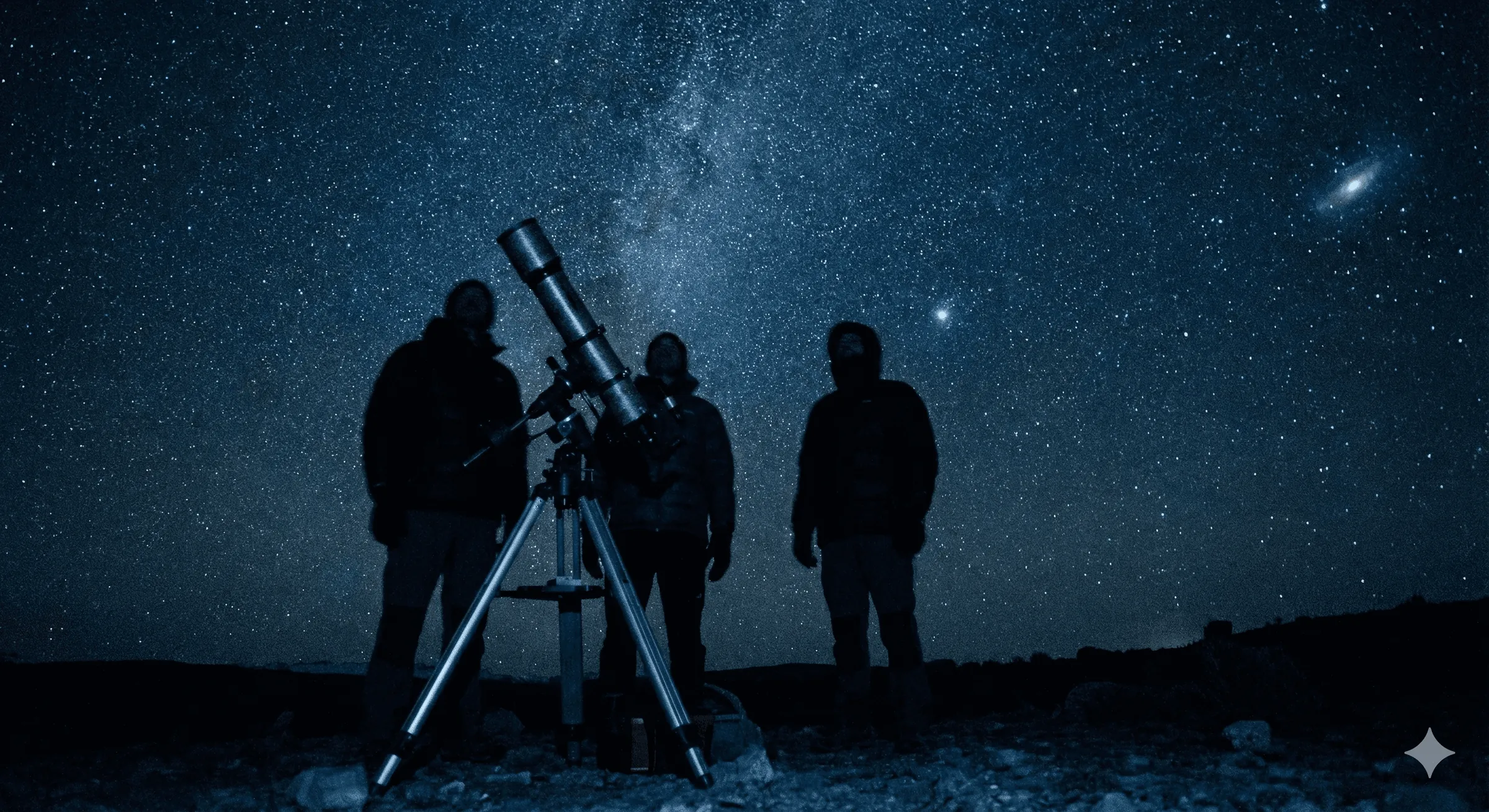 Observación de estrellas con telescopio bajo el cielo austral, experiencia Manke de Cruz Aike