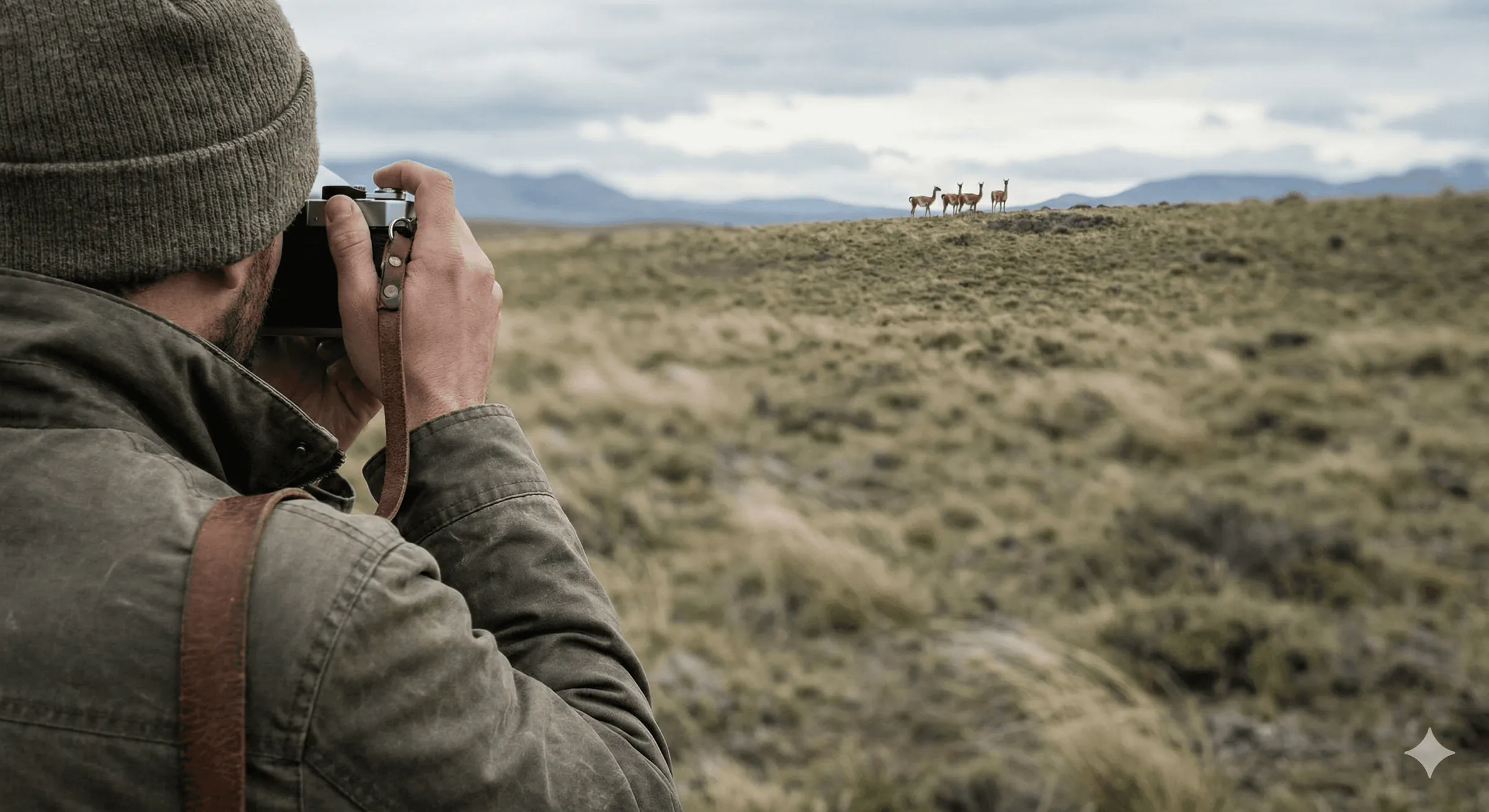 Fotógrafo frente a guanacos en la estepa patagónica, experiencia Ñire de Cruz Aike