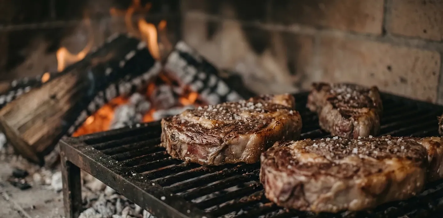 Bifes a la parrilla sobre el fuego, clase de cocina patagónica Ruca en Cruz Aike