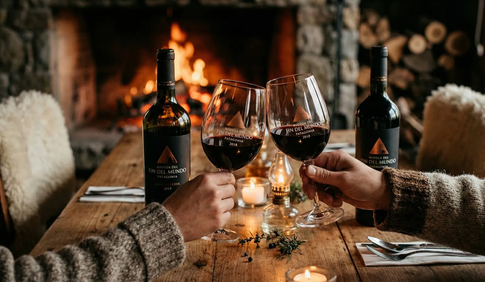 Brindis con vino junto al fuego, cena con maridaje Tañi en Cruz Aike